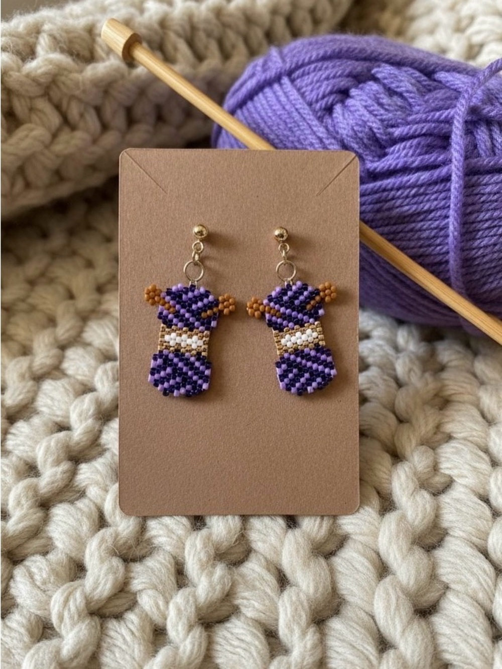 Handmade Beaded Yarn Ball & Knitting Needle Earrings